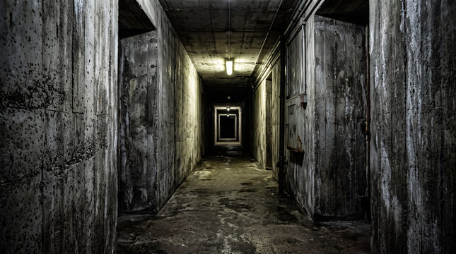 Oppressive Long Damp Concrete Corridor Representing Despair and Mental Isolation