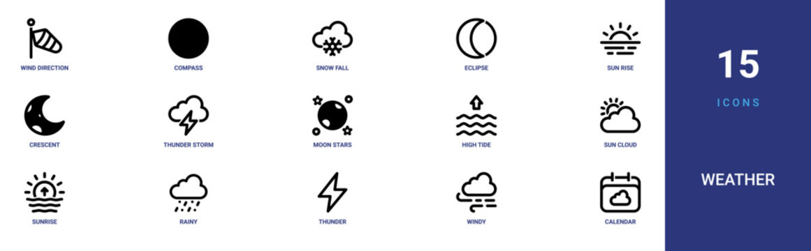 Set of 15 outline web Weather icons such as calendar, windy, thunder, rainy, sunrise, sun and cloud, high tide vector icons for report, presentation, diagram, web design, mobile app