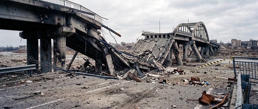 Destroyed bridge with debris and damaged structure in urban area  