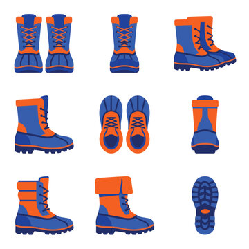 Collection of winter boots in blue and orange, displayed from multiple angles including front, back, side, top, and sole views, perfect for outdoor gear concepts