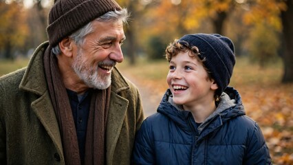 Fototapeta premium Two people smiling and having a conversation in a park during autumn with colorful leaves on the ground