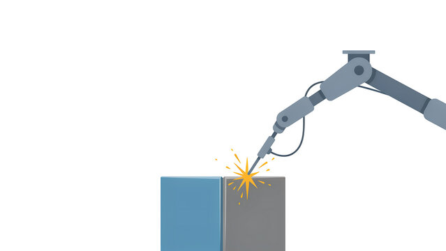 Industrial robotic arm welding metal parts, automated factory robot with sparks, smart manufacturing technology and mechanical engineering process