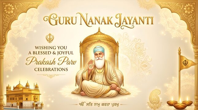 Guru Nanak Jayanti Prakash Parv Celebration Banner with Golden Temple