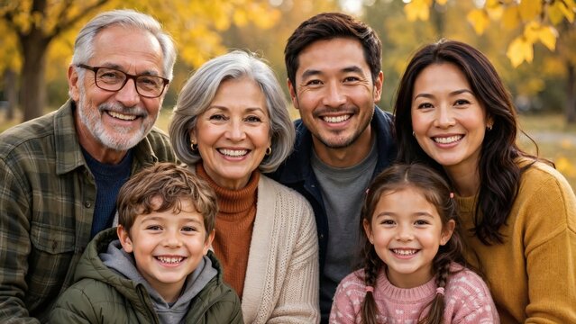 Family enjoys a day outdoors in the park during the fall season surrounded by colorful leaves