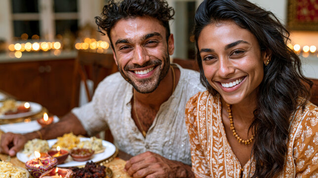 Smiling couple enjoying traditional Diwali dinner with glowing diyas at home together