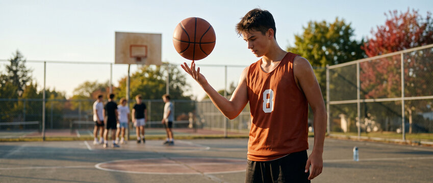 Teenager spinning basketball while standing on outdoor court  