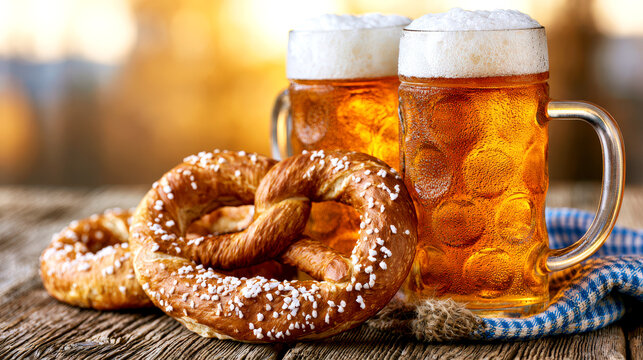 Oktoberfest beer mugs with salted pretzels on rustic wooden table outdoors celebration