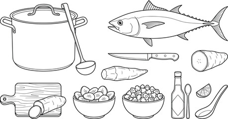 Ecuadorian Encebollado Fish Soup Cooking Ingredients Vector Elements Set Featuring Tuna Stock Pot Ladle Cutting Board Yucca Knife Bowls Hot Sauce and Lime Line Art © Md Shujan islam