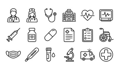 Naklejka premium Healthcare Outline Icon Collection with Doctor Hospital Medicine and Medical Equipment Vector Symbols