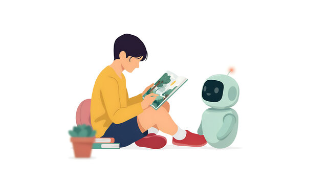 Futuristic AI education concept, young boy reading book with cute robot companion, child learning with artificial intelligence assistant on white background