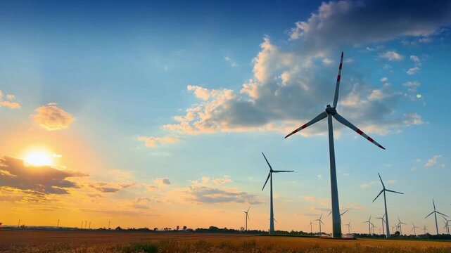 Wind turbines standing in open field at sunset. Bright sun setting on the left horizon casts orange light over tall white generator towers.