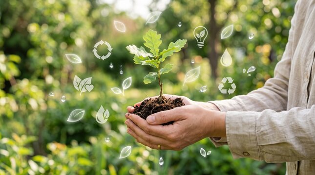 Hands holding young oak tree sapling with soil in forest nature background, environmental protection and sustainability concept with eco friendly icons for green energy and clim...