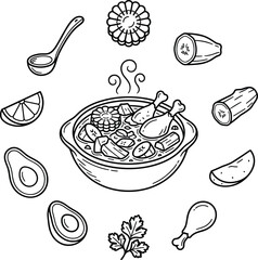 Latin American Sancocho Chicken Soup Vector Elements Set Arranged in Circle Featuring Hot Stew Bowl Corn Avocado Plantain Yucca Lime Ladle and Cilantro Line Art © Md Shujan islam