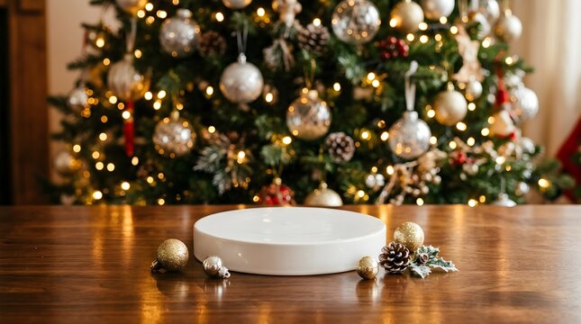 A stack of white ceramic plates sitting on a rustic wooden table with a blurred glowing christmas tree in background