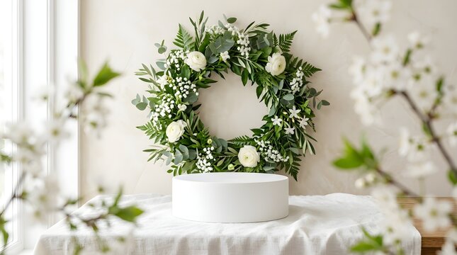 A beautiful lush green wreath with white flowers hanging on a light wall above a table with spring blossom branches decor