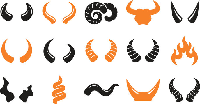 Animal horns vector set, black and orange devil horn icons, 15 bull and ram horn silhouettes, wildlife and hunting trophy graphic elements