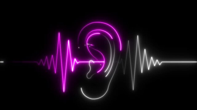 Glowing neon Ear Sound Wave icon isolated. Ear With Sound Wave icon animation on Black Background. 4k video