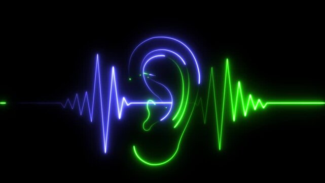 Glowing neon Ear Sound Wave icon isolated. Ear With Sound Wave icon animation on Black Background. 4k video