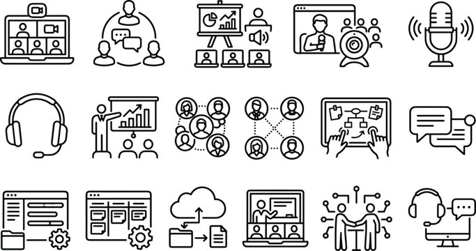 Online video conference and remote team collaboration line icon set with digital business communication and webinar symbols