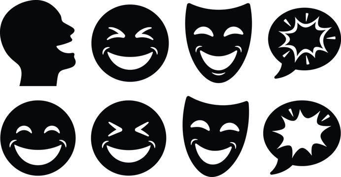 Comedy and Laughter Icon Set Featuring Laughing Emojis Theater Masks Smiling Faces and Comic Speech Bubbles for Entertainment Graphic Designs