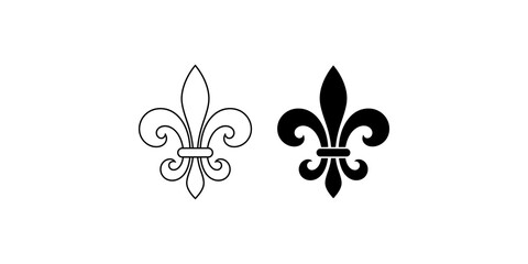 Set of two fleur de lis icons with outline and solid black designs isolated on a white background, perfect for vector graphic design projects © huzaifa