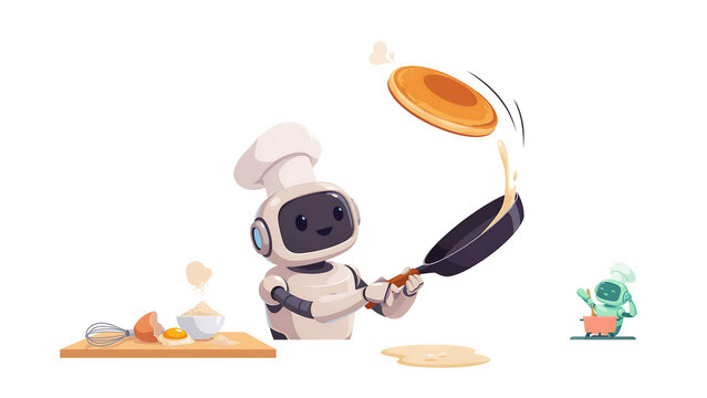 Futuristic robot chef flipping pancakes in a pan, cute android character cooking breakfast, automated kitchen technology concept on white background