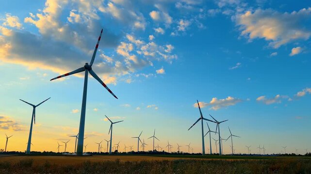 Wind turbines on agricultural land under blue sky with white clouds. White generator towers with red striped blades stand across farmland during late afternoon.
