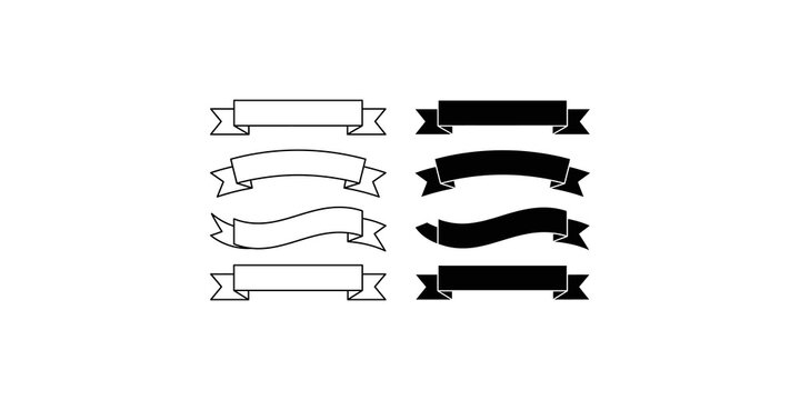 Set of elegant blank ribbon banners in outline and solid styles isolated on a transparent background for graphic design and wedding invitations