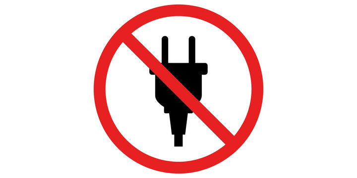 A warning sign icon depicting a black electrical power plug silhouette isolated on a transparent background for safety and industrial digital use