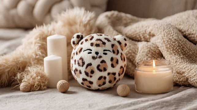 Round leopard print ornament toy beside soft glowing candles and plush textures, creating a cozy and inviting atmosphere with warm ambiance and decorative elements