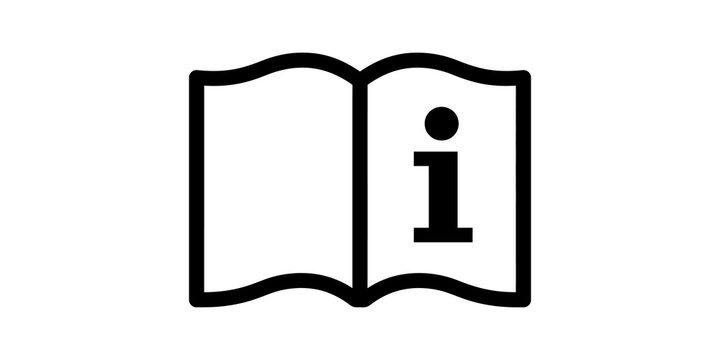 Minimalist information icon featuring an open book symbol with an info letter i on a clean transparent background for digital design and web UI