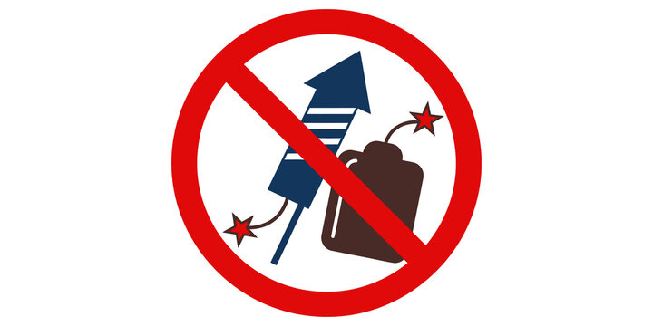 A prohibition sign depicting a rocket and explosive on a transparent background, illustrating safety regulations and hazard warnings for fireworks
