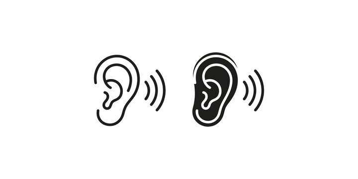 Set of two ear icons with sound waves isolated on a transparent background for audio and hearing related design projects and digital interface