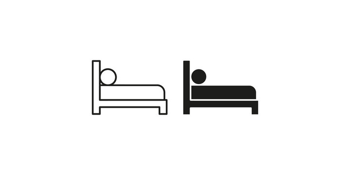 Minimalist bed icon set featuring outline and solid fill design isolated on a transparent background for hospitality and travel related web graphics