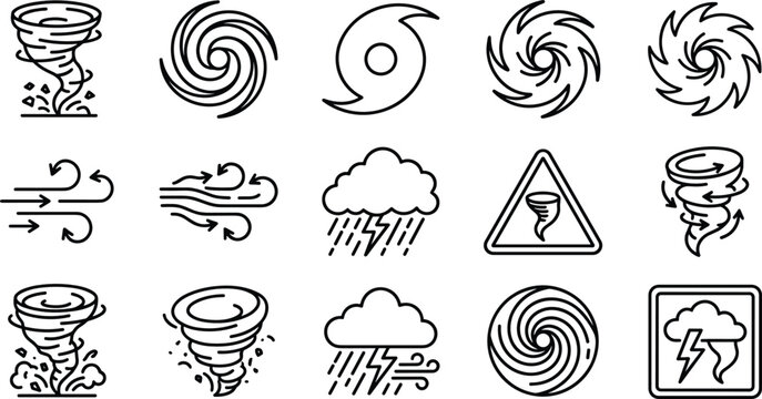 Severe weather and natural disaster line art icon collection featuring tornado twisters hurricane vortex swirls thunderstorm clouds blowing wind and warning signs