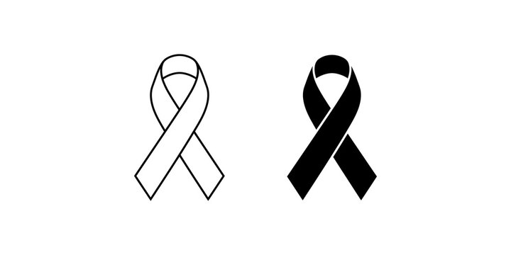 Minimalist awareness ribbon set with outline and solid black icon designs isolated on a white background with a transparent background effect