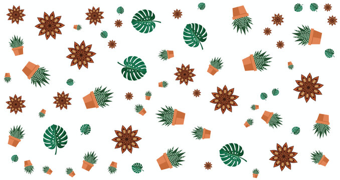 Festive Christmas Pattern with Potted Plants Evergreen Leaves and Star Ornaments on White Background for Holiday Celebrations