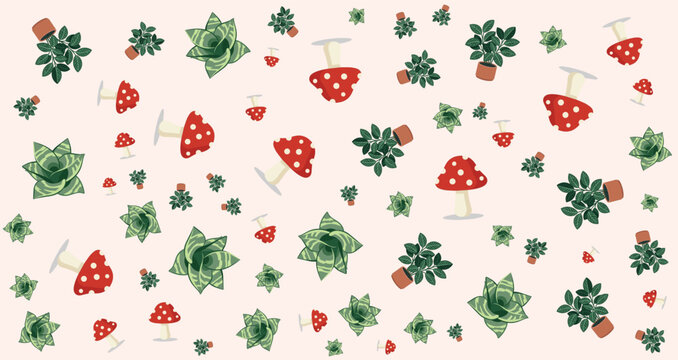 Festive Holiday Pattern with Red Mushrooms Green Leaves and Small Poinsettia Flowers on Light Background for Christmas Decorations
