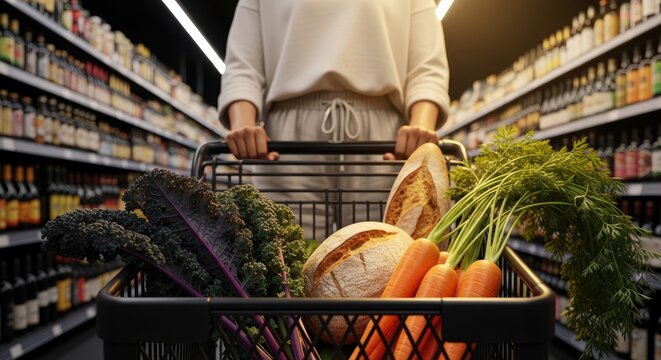 Shopper pushing cart with fresh carrots and bread in supermarket