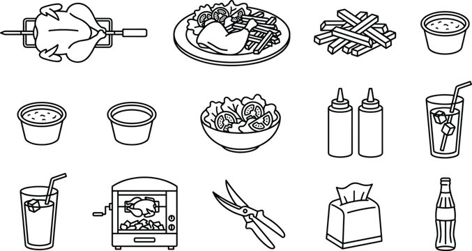Peruvian Pollo a la Brasa Rotisserie Chicken Combo Vector Elements Set Featuring Whole Roast Poultry Fries Salad Sauces Drinks and Machine Line Art
