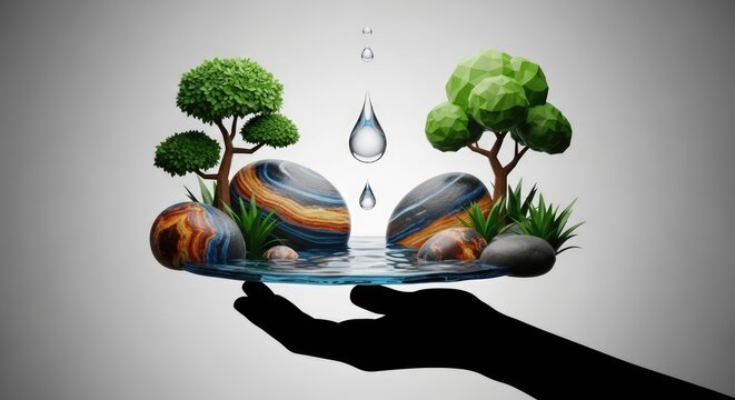 Silhouette hand holding floating ecosystem with trees and water