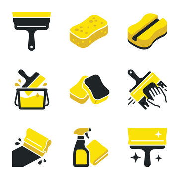 Set of cleaning tool icons, squeegee, sponges, spray bottle, paint brush and bucket, simple yellow and black flat design elements