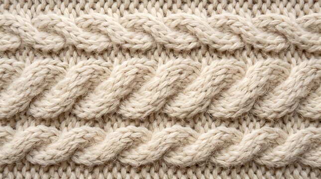 Warm cream knitted wool close-up showing soft fuzzy braided weave pattern with crisp detail, perfect commercial background.