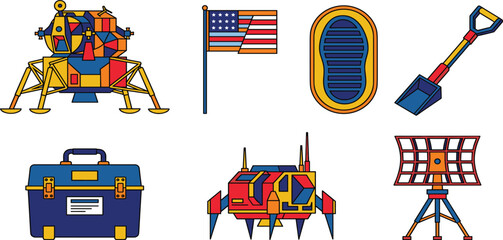 Colorful Moon Landing and Space Exploration Vector Icon Set with Lunar Lander Rover Boot Footprint American Flag Shovel and Radar Antenna Elements © Anisur
