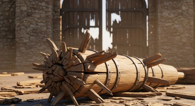 Ancient wooden siege weapon, possibly a battering ram or rolling log, lying on the ground outside stone castle gates