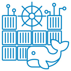 Obraz premium Docker containerization and Kubernetes vector line icon. Whale with ship wheel and cargo containers representing DevOps orchestration