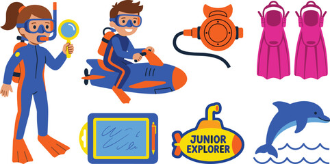 Cute Scuba Diving and Junior Ocean Explorer Kids Vector Character Set with Submarine Scooter Fins Dolphin and Underwater Research Elements © Anisur