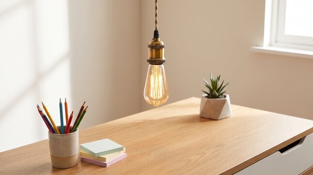 Vintage light bulb hanging over a wooden desk with colorful pencils and a small plant