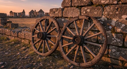 Obraz premium Ancient wooden wagon wheels leaning against a rustic stone wall with ruined buildings in the background at sunset