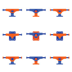 Fototapeta premium Set of nine flat design skateboard trucks in orange and blue, isolated on white background, vector illustration